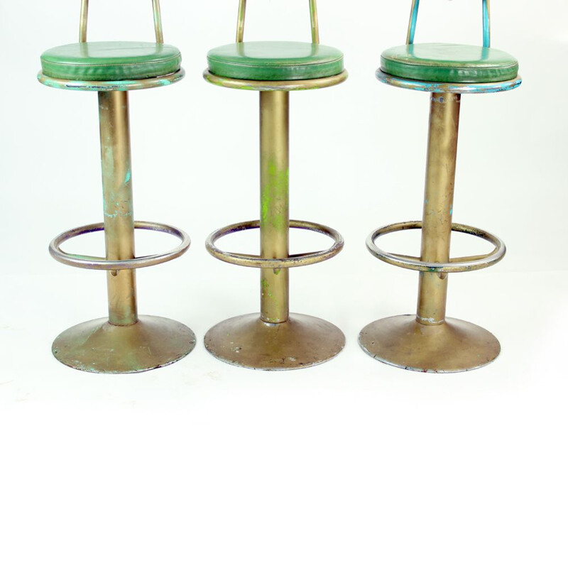 Set of 3 Vintage Bar Stools In Metal And Leather Czechoslovakia 1950s