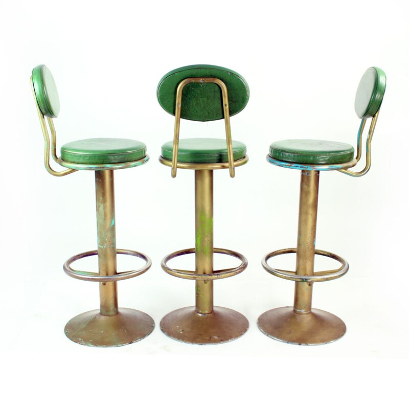 Lot de 3 tabourets de bar vintage en métal et cuir Tchécoslovaquie 1950