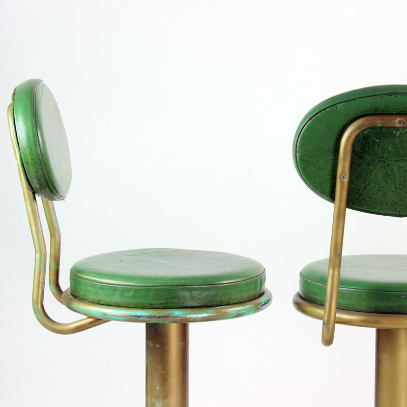 Set of 3 Vintage Bar Stools In Metal And Leather Czechoslovakia 1950s