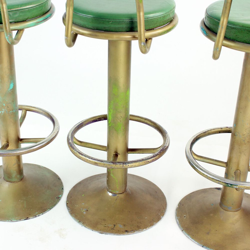 Set of 3 Vintage Bar Stools In Metal And Leather Czechoslovakia 1950s