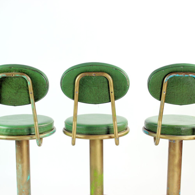 Set of 3 Vintage Bar Stools In Metal And Leather Czechoslovakia 1950s