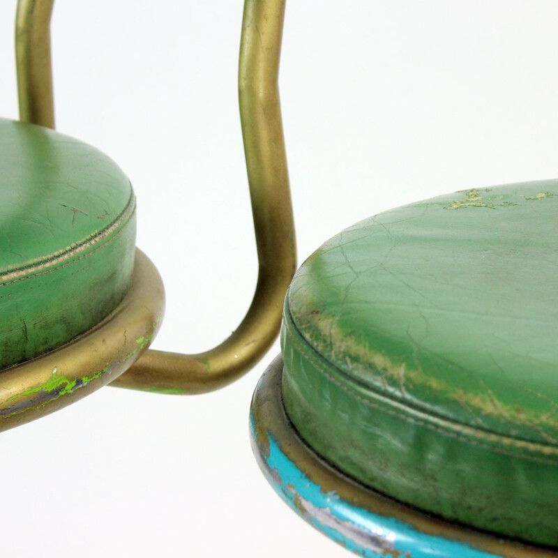 Lot de 3 tabourets de bar vintage en métal et cuir Tchécoslovaquie 1950