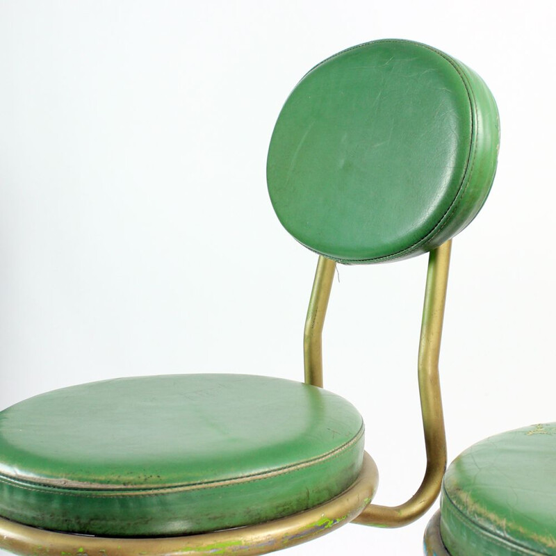 Set of 3 Vintage Bar Stools In Metal And Leather Czechoslovakia 1950s
