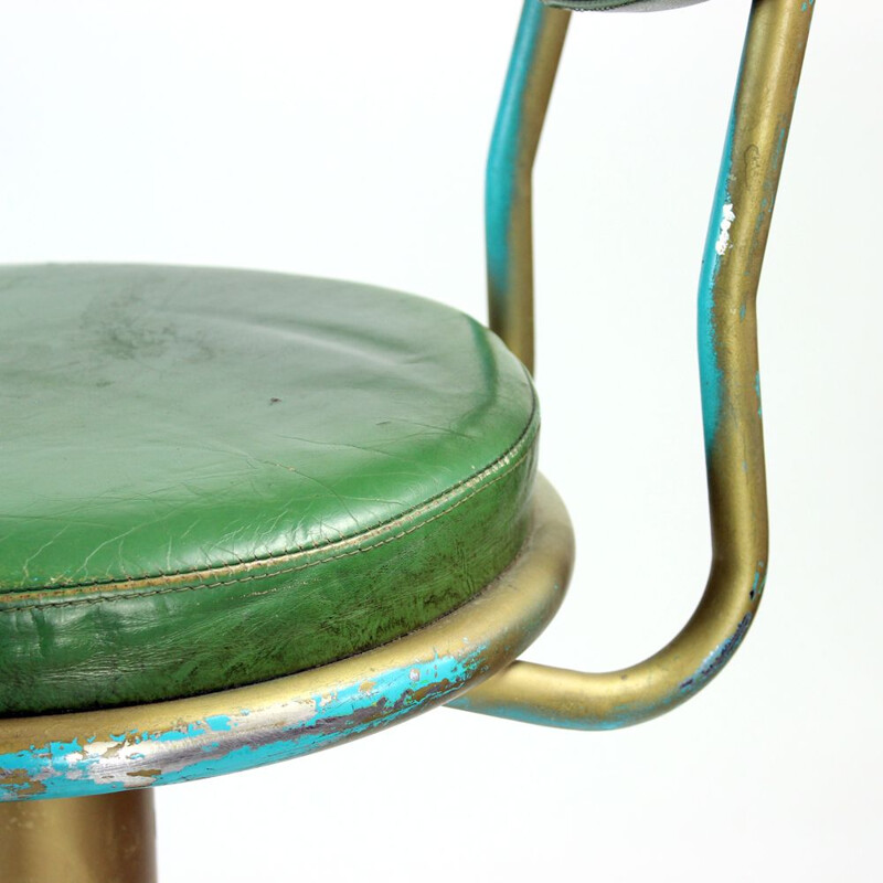 Set of 3 Vintage Bar Stools In Metal And Leather Czechoslovakia 1950s