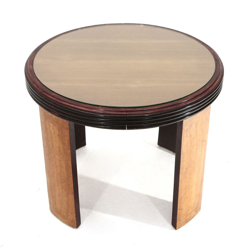 Table basse vintage ronde avec bord en grissinato et plateau en verre 1930