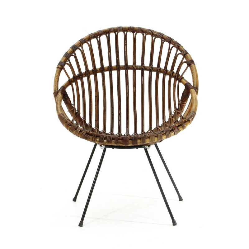 Vintage Armchair in rattan and black rod 1950s