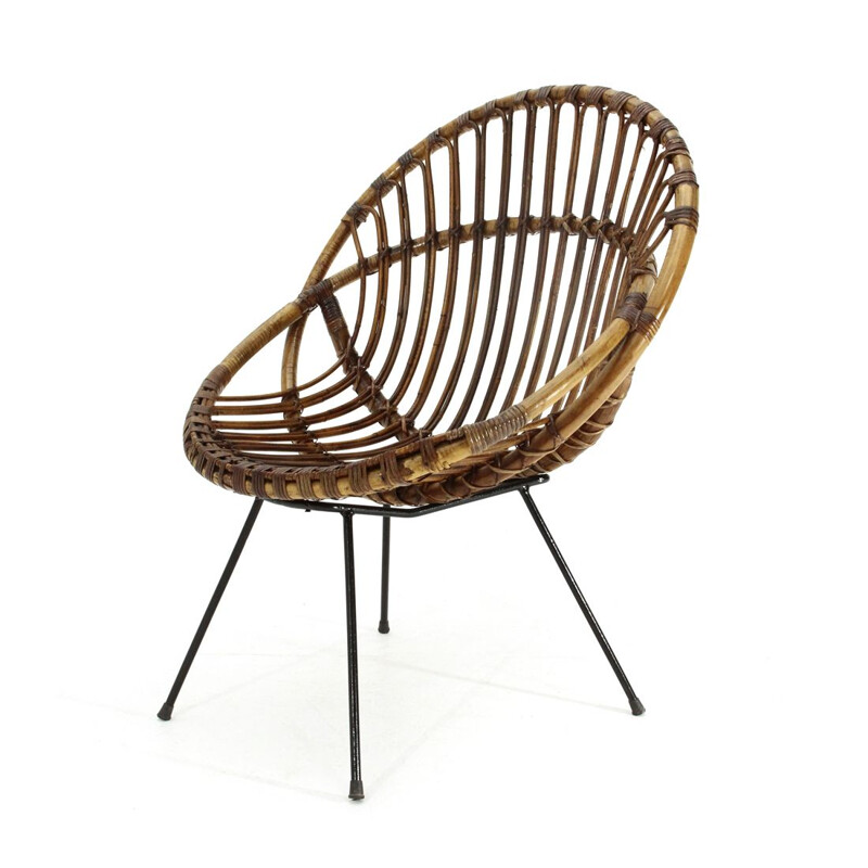 Vintage Armchair in rattan and black rod 1950s