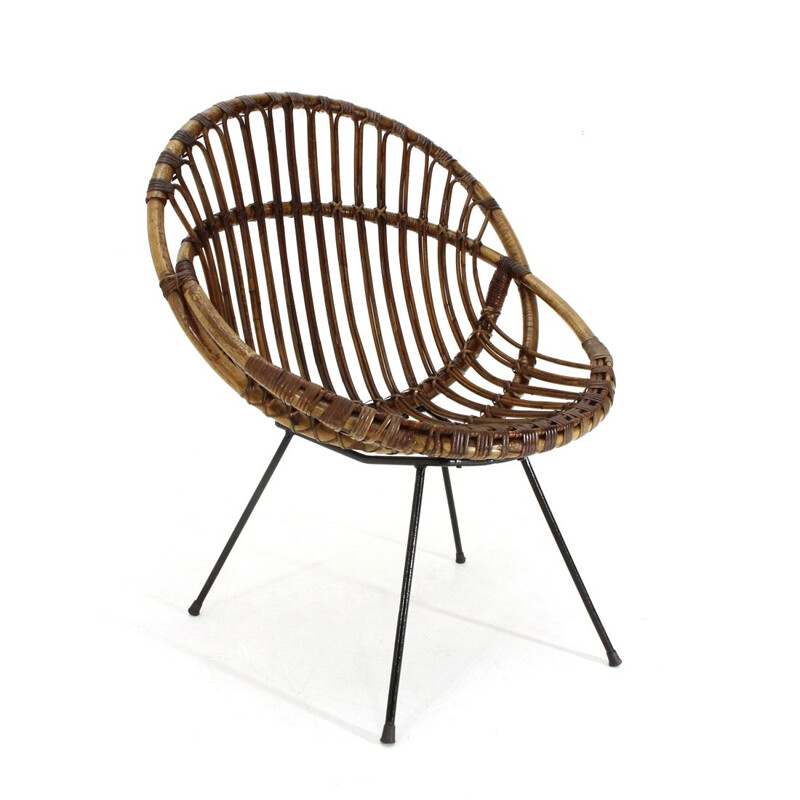 Vintage Armchair in rattan and black rod 1950s