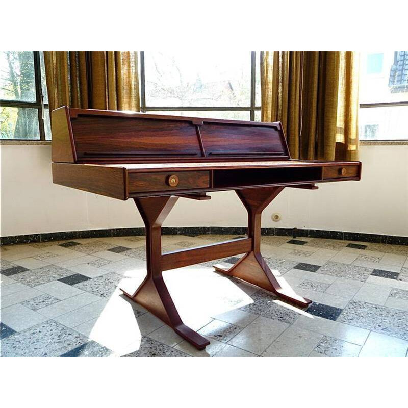 Italian Bernini desk in rosewood with Venetian blinds and drawers, Gianfranco FRATTINI - 1950s