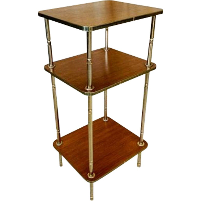 Vintage three-shelf teak and brass side table 1960s