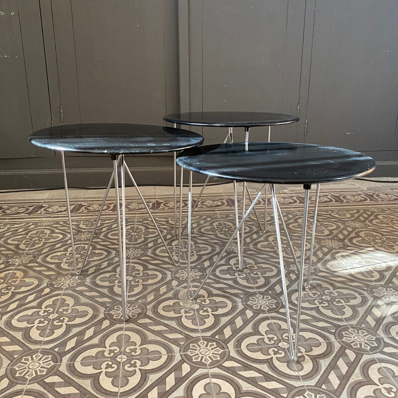 Set of 3 vintage tables with black lacquered metal top 1980