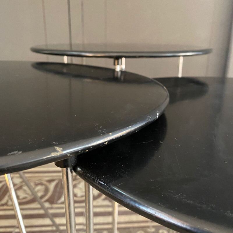 Set of 3 vintage tables with black lacquered metal top 1980