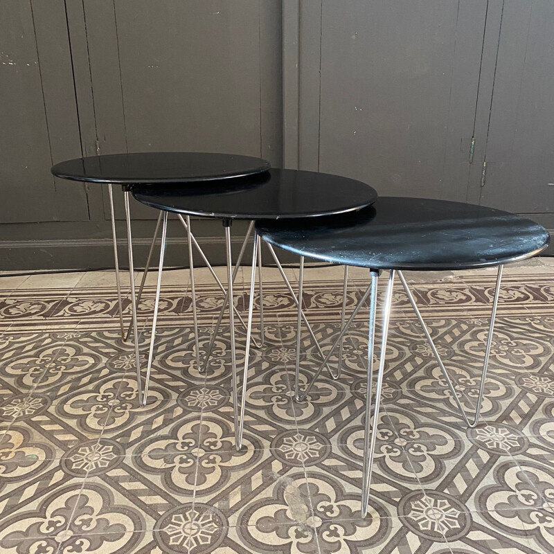 Set of 3 vintage tables with black lacquered metal top 1980