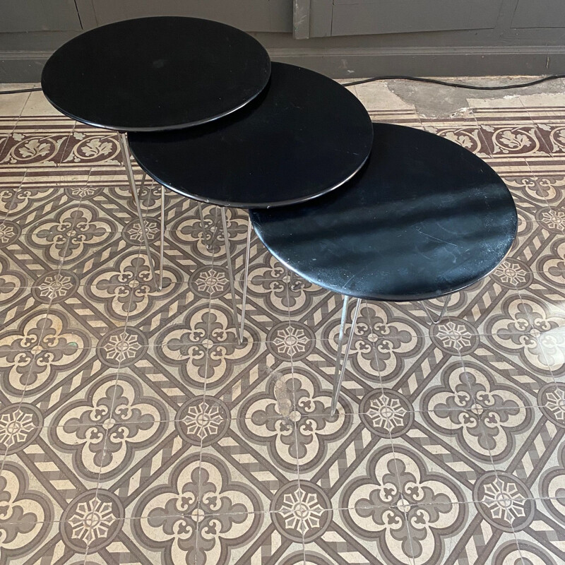 Set of 3 vintage tables with black lacquered metal top 1980