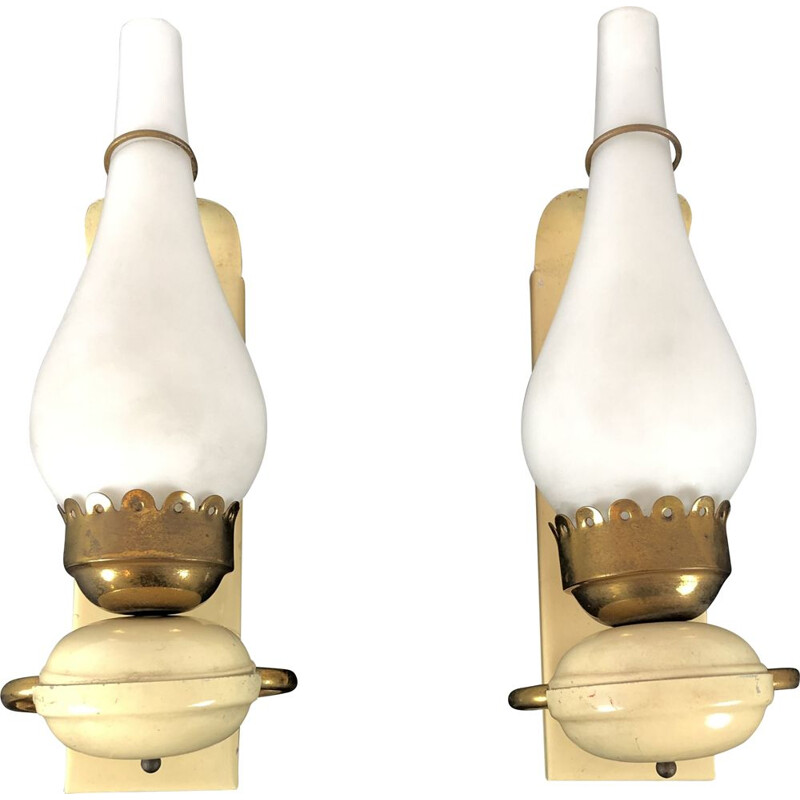Pair of vintage brass lacquer and opaline glass sconces Italian 1950s