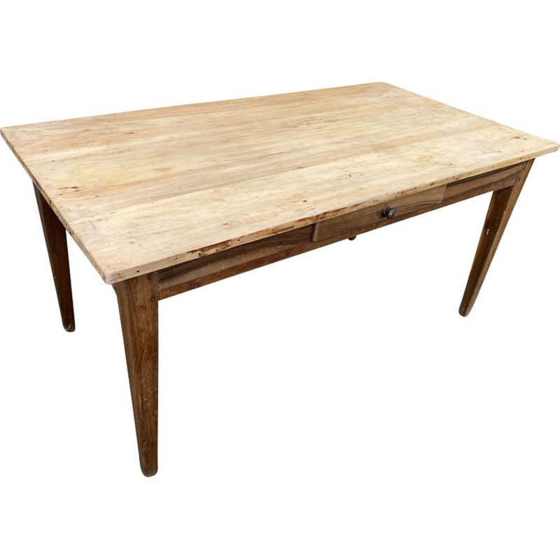 Table de ferme vintage en chêne massif et bois blanc avec 1 tiroir