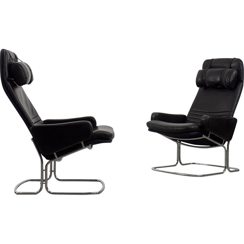 Pair of vintage black leather armchairs by Ire Möbel, Sweden 1970