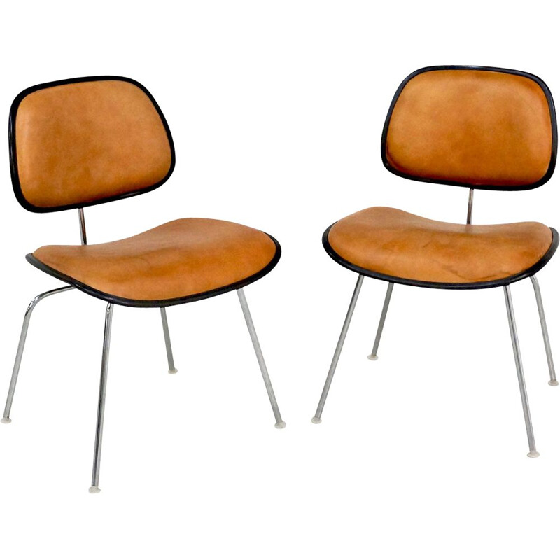 Pair of vintage Eames DCM chairs in leather Herman Miller Edition