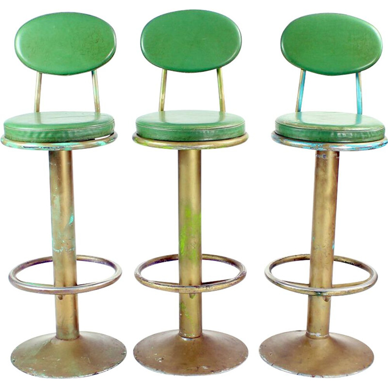 Lot de 3 tabourets de bar vintage en métal et cuir Tchécoslovaquie 1950