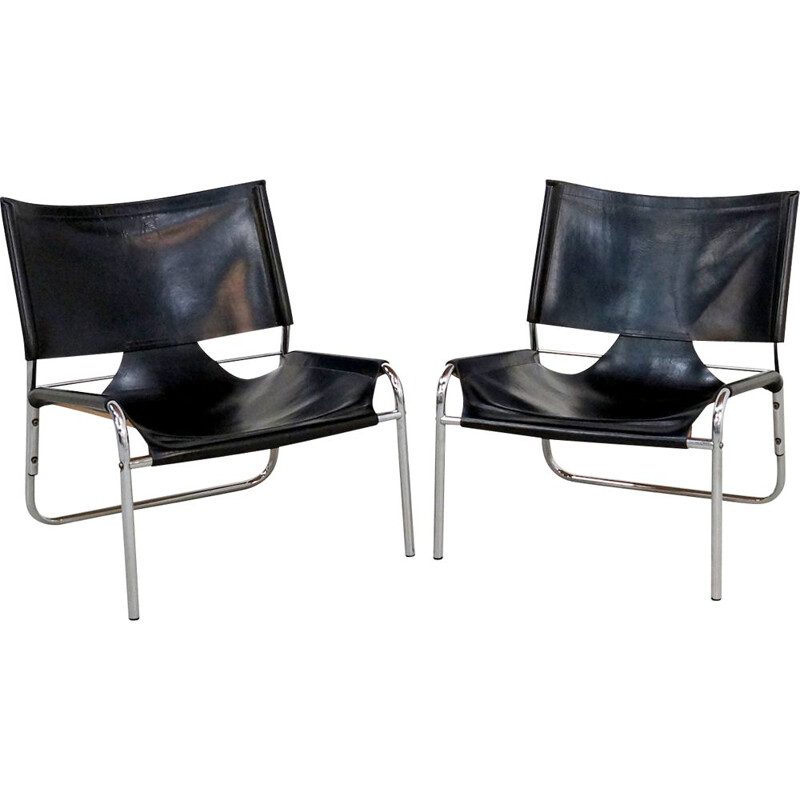 Paire de fauteuils vintage en cuir noir et chrome 70