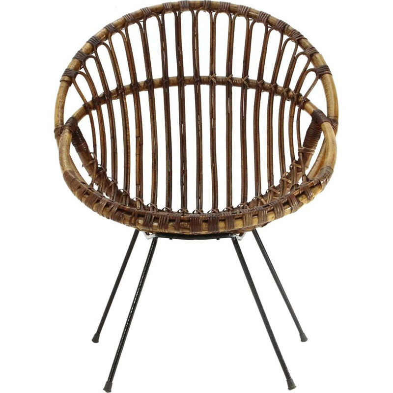 Vintage Armchair in rattan and black rod 1950s