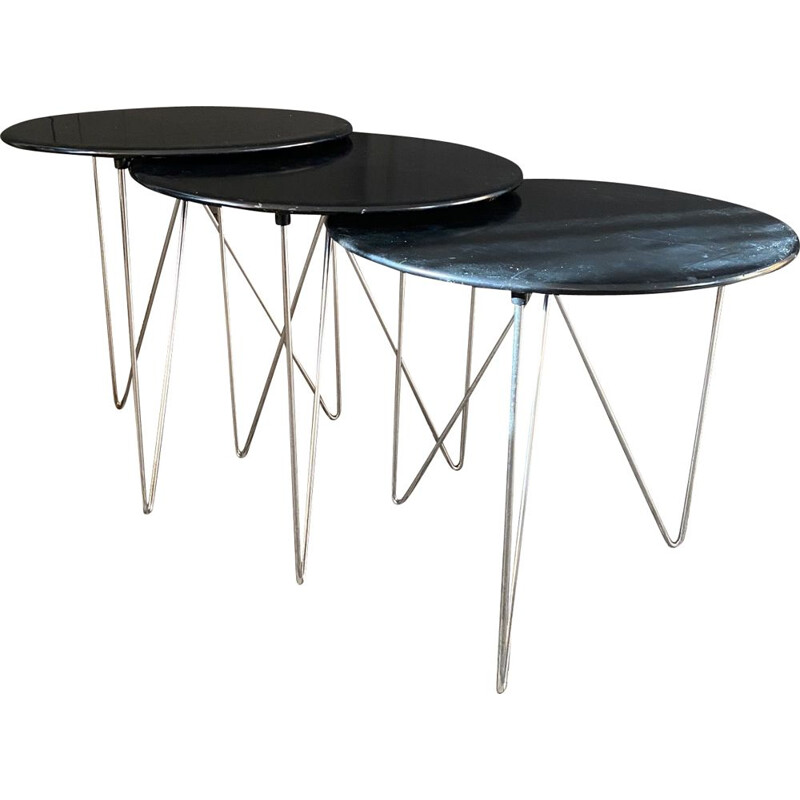 Set of 3 vintage tables with black lacquered metal top 1980