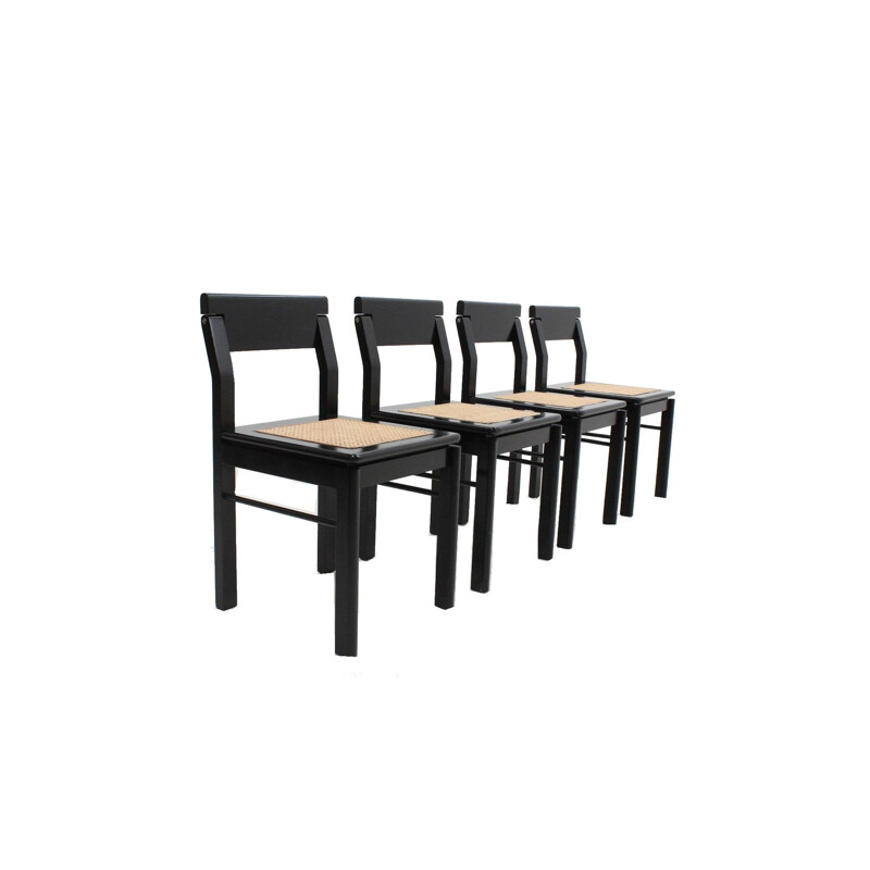 Set of 4 vintage chairs in black lacquered wood and straw from Vienna, Italy 1970