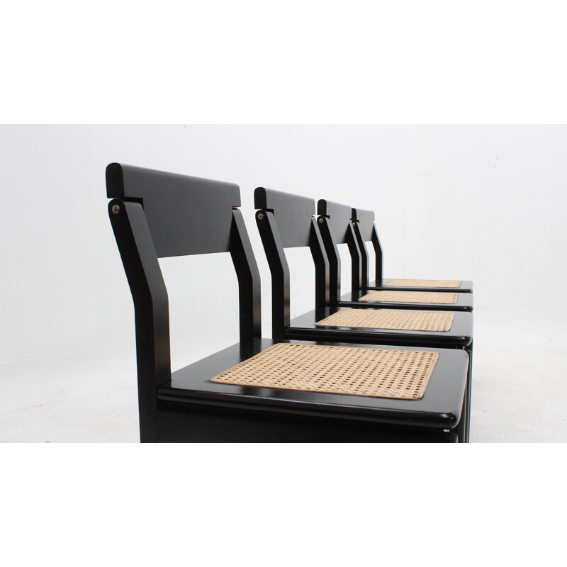 Set of 4 vintage chairs in black lacquered wood and straw from Vienna, Italy 1970