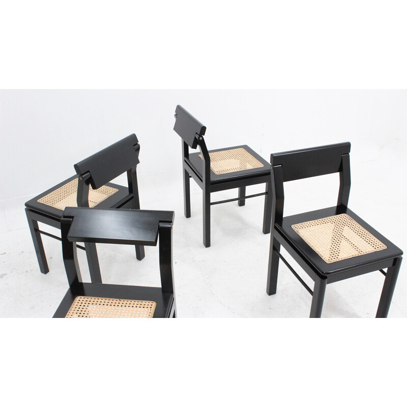 Set of 4 vintage chairs in black lacquered wood and straw from Vienna, Italy 1970