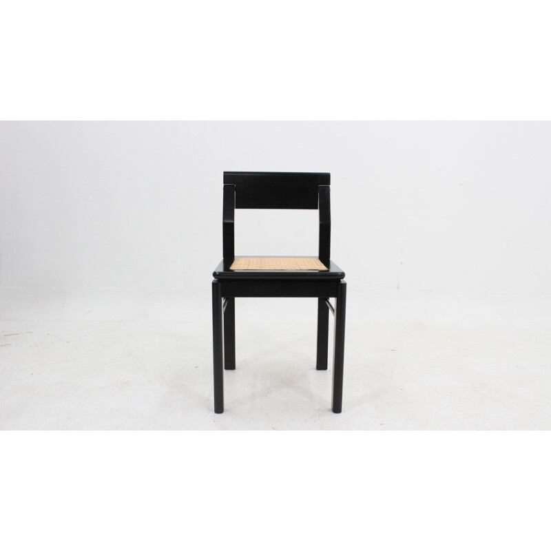 Set of 4 vintage chairs in black lacquered wood and straw from Vienna, Italy 1970