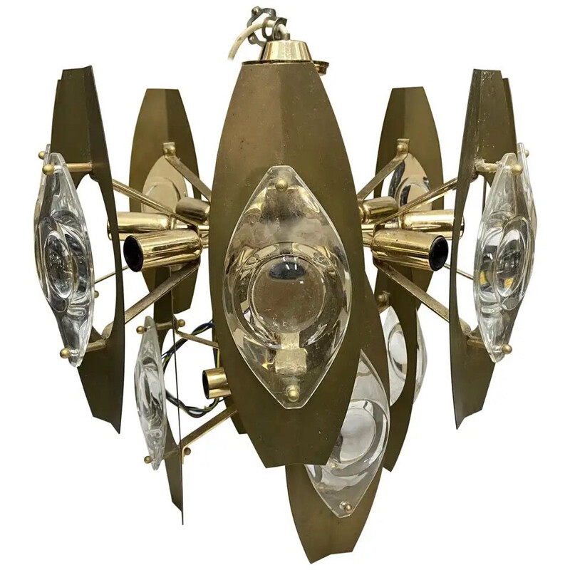 Vintage modern brass and glass chandelier 1960