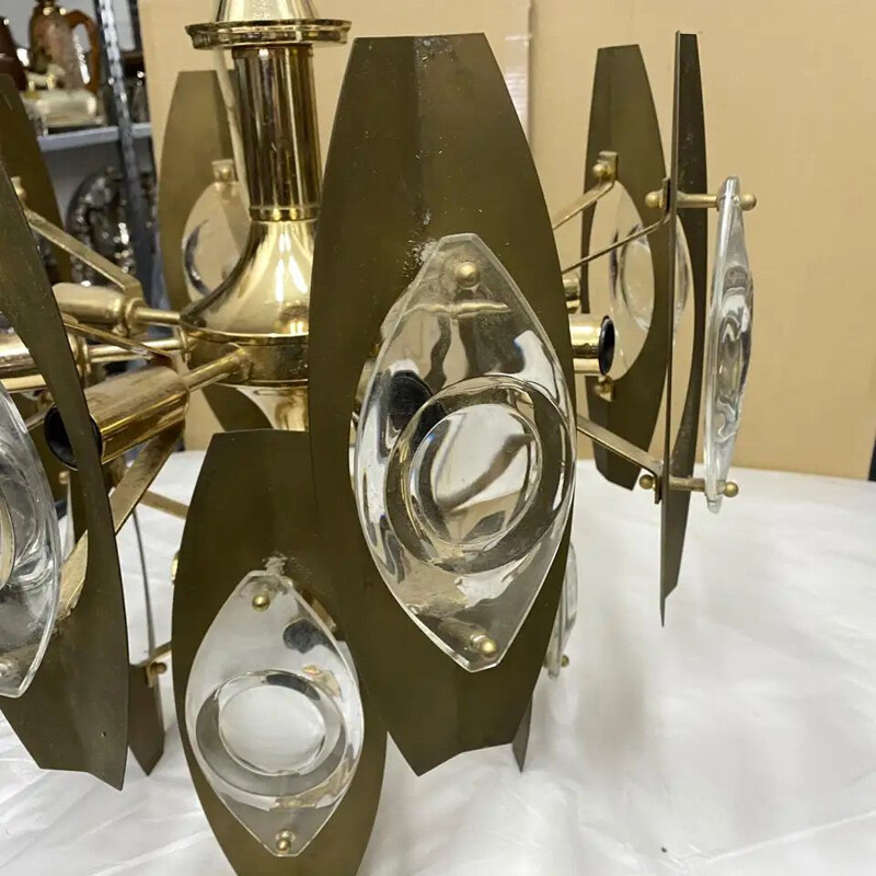 Vintage modern brass and glass chandelier 1960