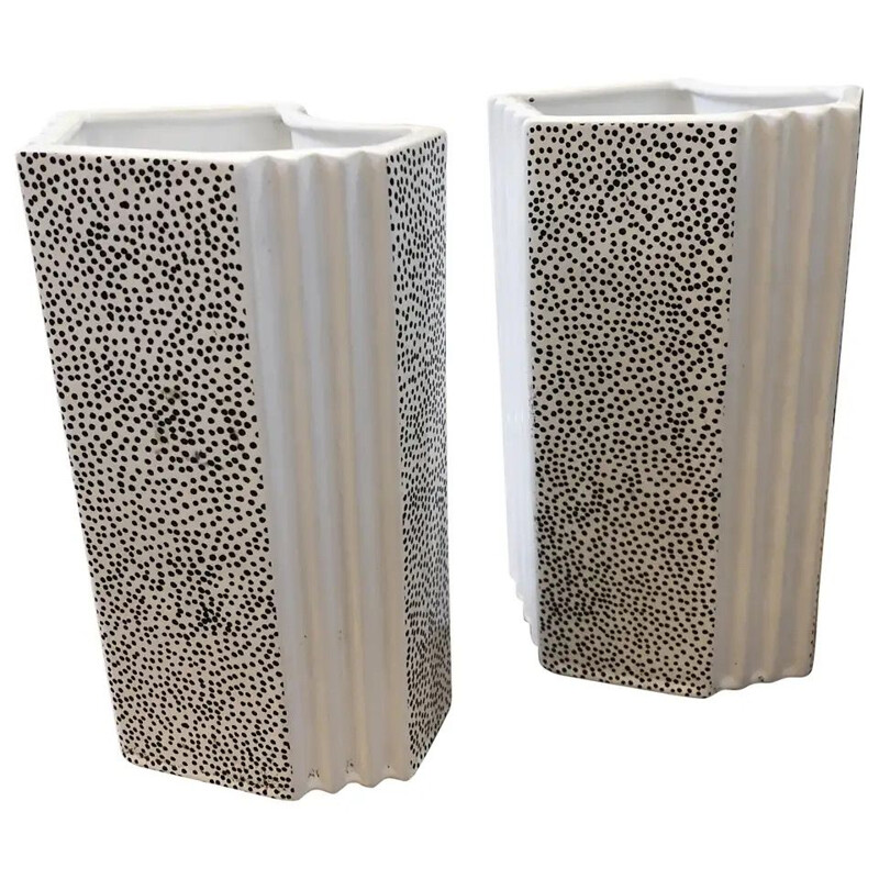 Pair of vintage Memphis black and white ceramic vases, Italy 1980