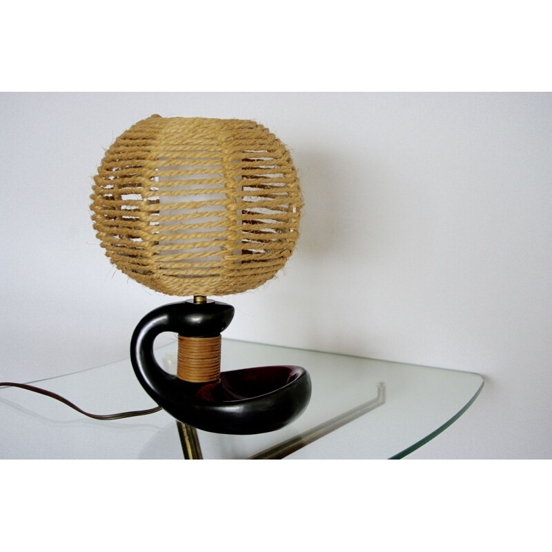 Lampe vintage en céramique et rotin, 1950