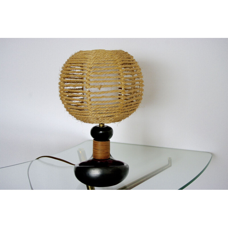 Vintage ceramic and rattan lamp, 1950