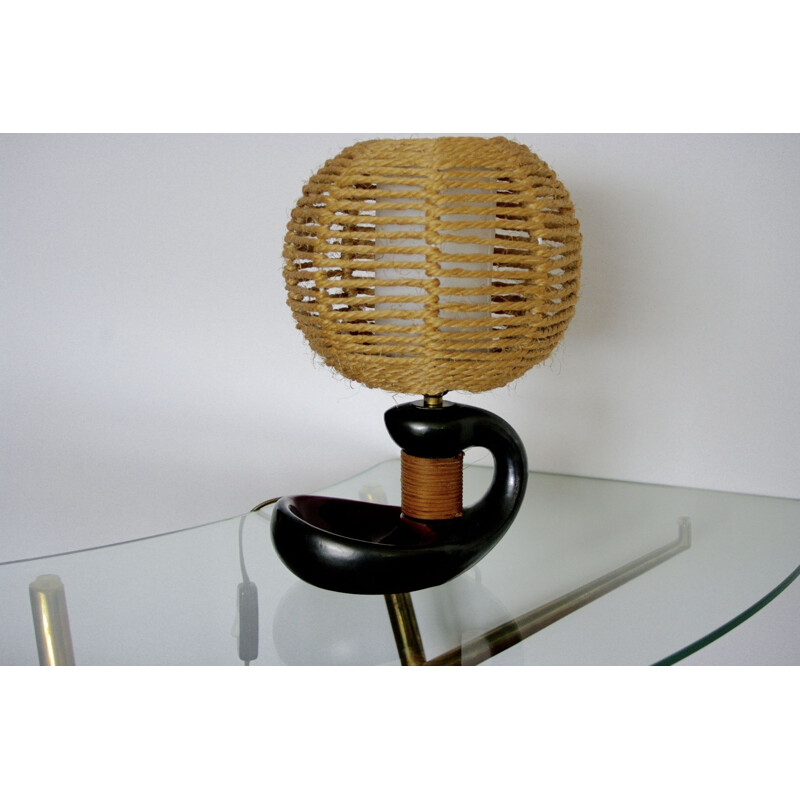 Vintage ceramic and rattan lamp, 1950