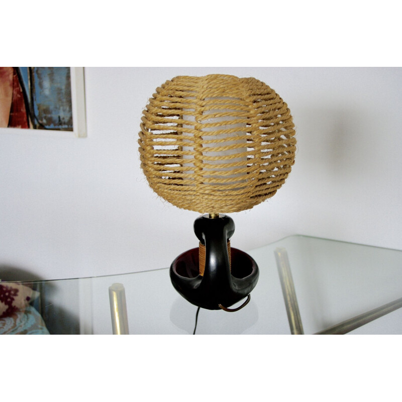 Vintage ceramic and rattan lamp, 1950