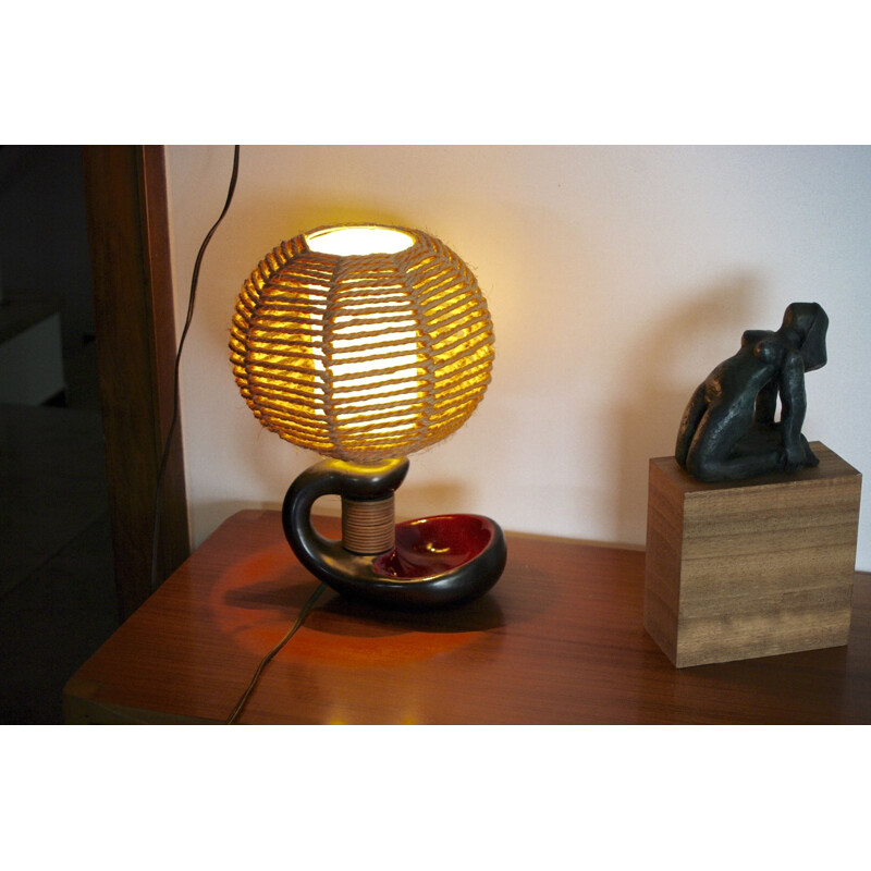 Lampe vintage en céramique et rotin, 1950