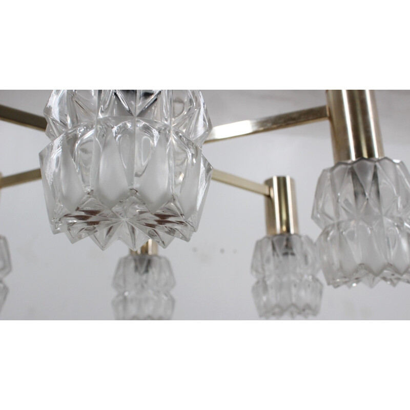 Vintage frosted glass chandelier Kaiser Leuchten, Germany 1960