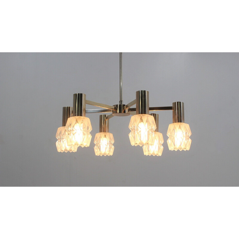 Vintage frosted glass chandelier Kaiser Leuchten, Germany 1960