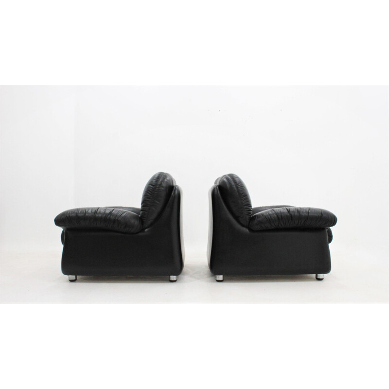 Paar vintage zwart lederen fauteuils, 1970