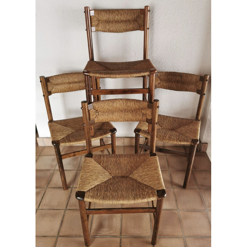 Lot de 4 chaises vintage en frêne et paille 1950