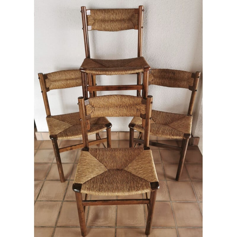 Set of 4 vintage ash and straw chairs 1950's