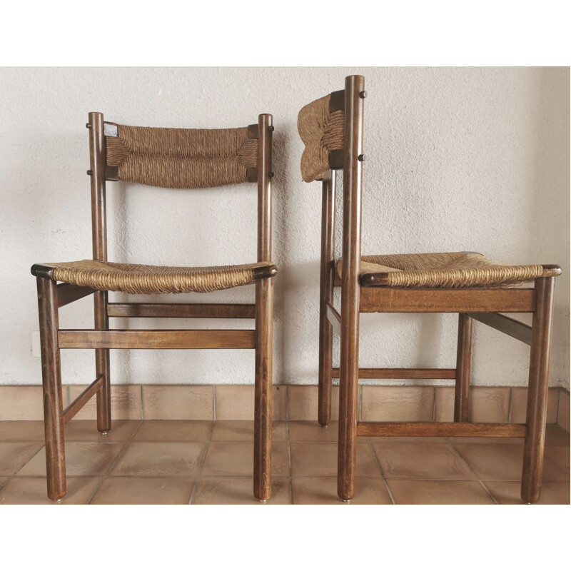 Set of 4 vintage ash and straw chairs 1950's