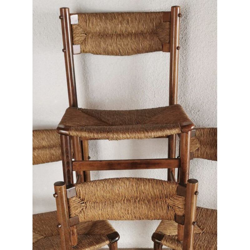 Lot de 4 chaises vintage en frêne et paille 1950