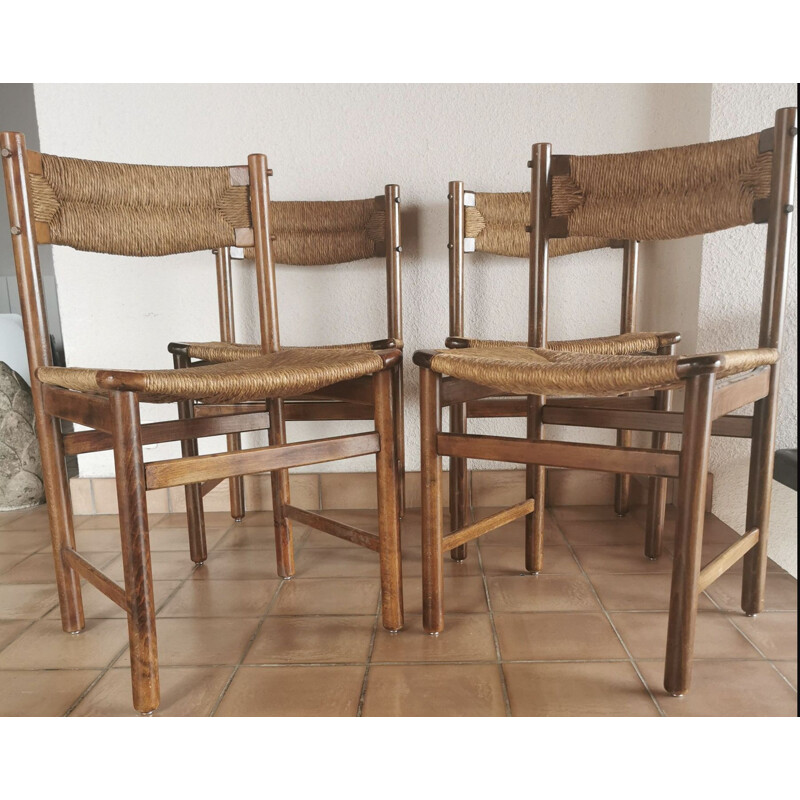 Set of 4 vintage ash and straw chairs 1950's