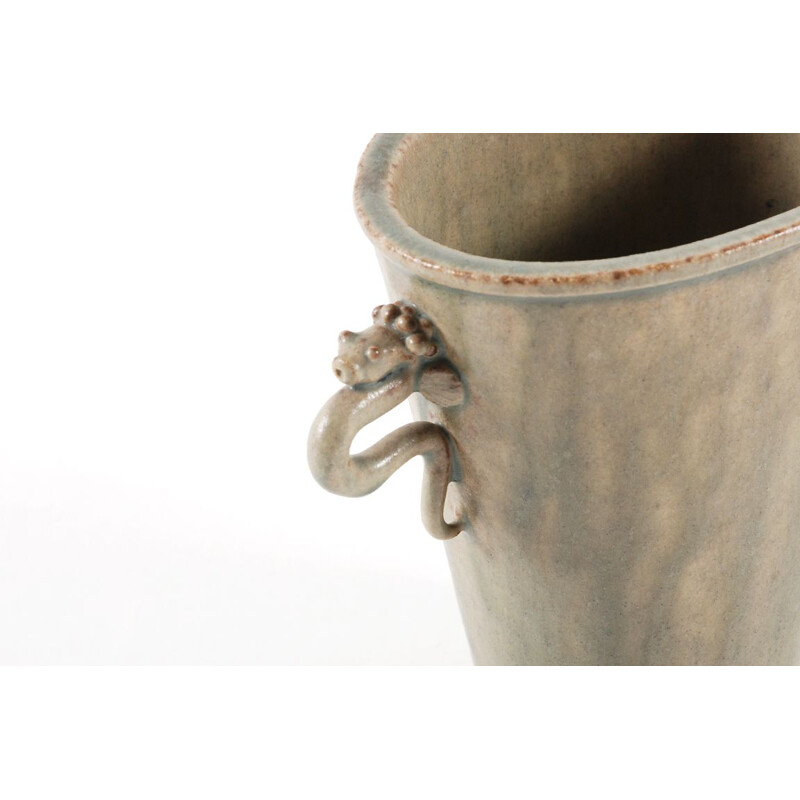 Vintage ceramic vase with two seahorse handles by Arne Bang, Denmark 1950