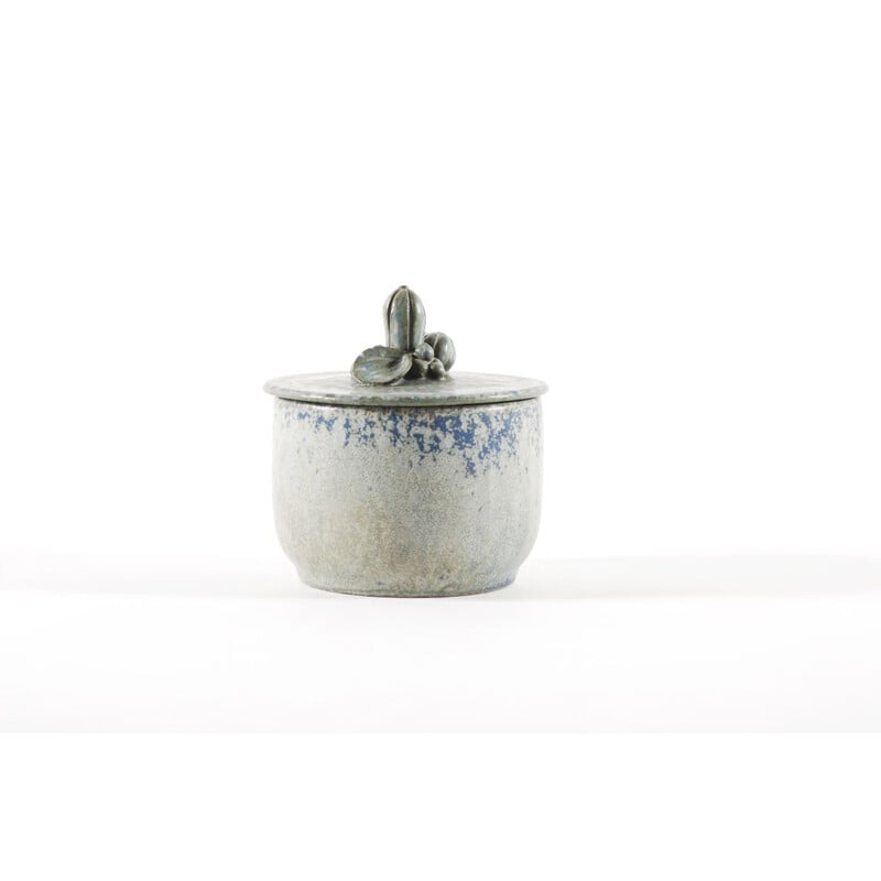 Vintage glazed stoneware pot with lid by Arne Bang, Denmark 1950