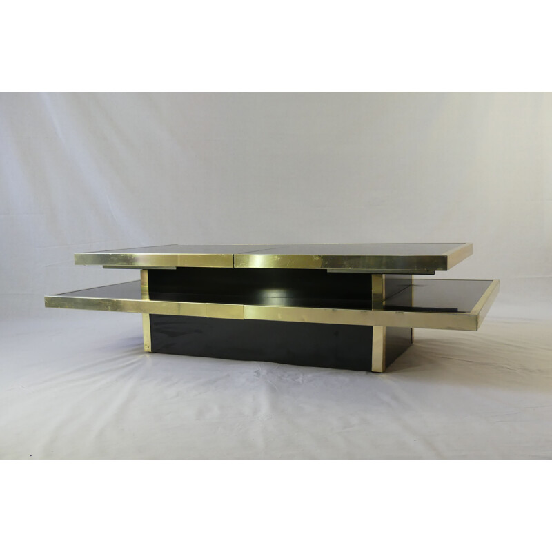 Mesa de centro vintage de opalina negra y aluminio dorado, Italia 1970