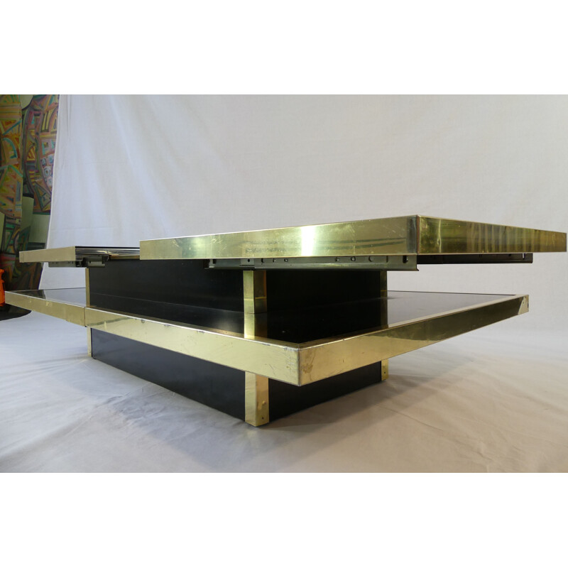 Table basse vintage opaline noire et aluminium doré, Italie 1970
